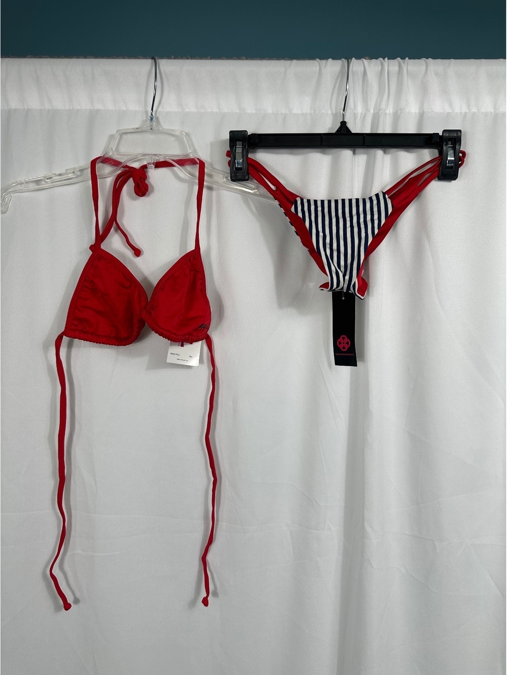 Doll Solid Red Triangle Bikini Top and Striped Scrunch Bottom Set - Size Small